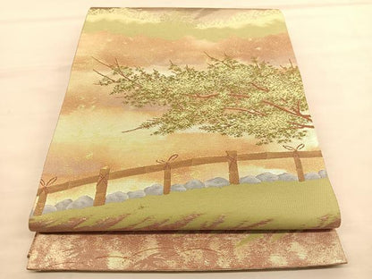 平和屋着物◎六通柄袋帯　風景文　金糸　正絹　逸品　BAAU1979hv