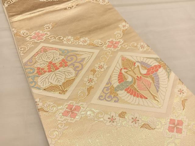 平和屋着物◎六通柄袋帯 唐織 双鶴花菱文 金糸 正絹 逸品 BAAU1985hv