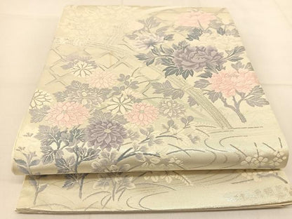 平和屋着物◎六通柄袋帯 唐織 間垣秋草文 銀糸 正絹 逸品 BAAU2002yc