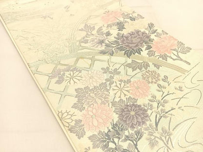 平和屋着物◎六通柄袋帯 唐織 間垣秋草文 銀糸 正絹 逸品 BAAU2002yc