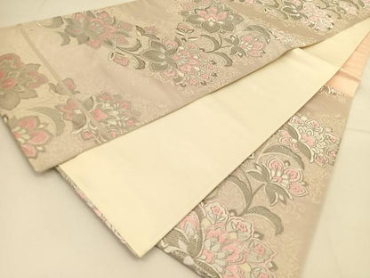 平和屋着物◎六通柄袋帯　唐織　更紗花文　銀糸　正絹　逸品　BAAU2005yc