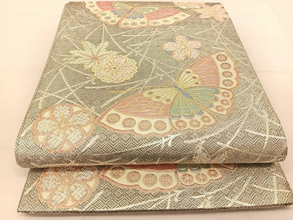 平和屋着物◎佐賀錦 六通柄袋帯 花蝶文 黒地 金銀糸 正絹 逸品 BAAU2030yc
