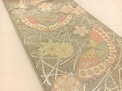 平和屋着物◎佐賀錦 六通柄袋帯 花蝶文 黒地 金銀糸 正絹 逸品 BAAU2030yc