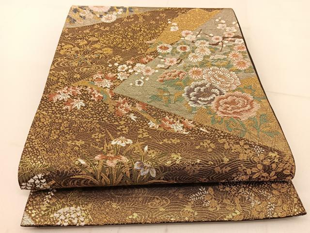 平和屋着物◎六通柄袋帯 唐織 裂取庭園文 金銀糸 正絹 逸品 BAAU2043yc