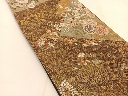 平和屋着物◎六通柄袋帯 唐織 裂取庭園文 金銀糸 正絹 逸品 BAAU2043yc
