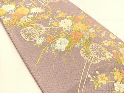 平和屋着物◎六通柄袋帯 唐織 花車文 金糸 正絹 逸品 BAAU2044yc