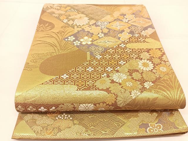平和屋着物◎六通柄袋帯 吉祥風景花文 金糸 正絹 逸品 BAAU2045yc