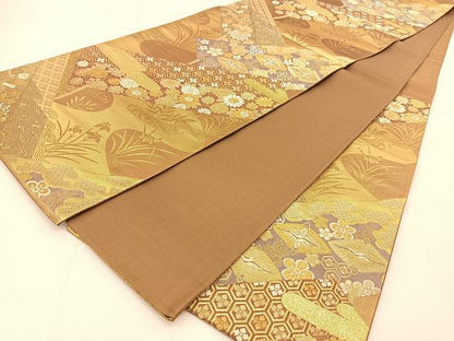 平和屋着物◎六通柄袋帯 吉祥風景花文 金糸 正絹 逸品 BAAU2045yc
