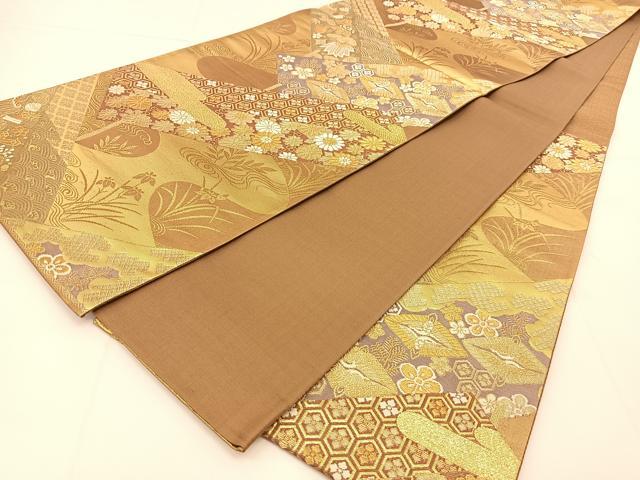 平和屋着物◎六通柄袋帯 吉祥風景花文 金糸 正絹 逸品 BAAU2045yc