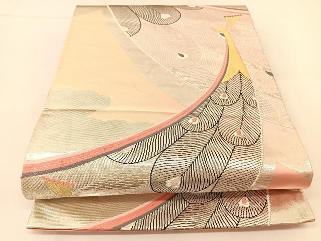 平和屋着物◎六通柄袋帯 唐織 銀彩 孔雀文 金糸 正絹 逸品 BAAU2055yc