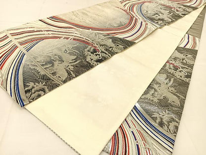 平和屋着物◎六通柄袋帯 唐織 立波花鳥文 銀糸 正絹 逸品 BAAU2056yc