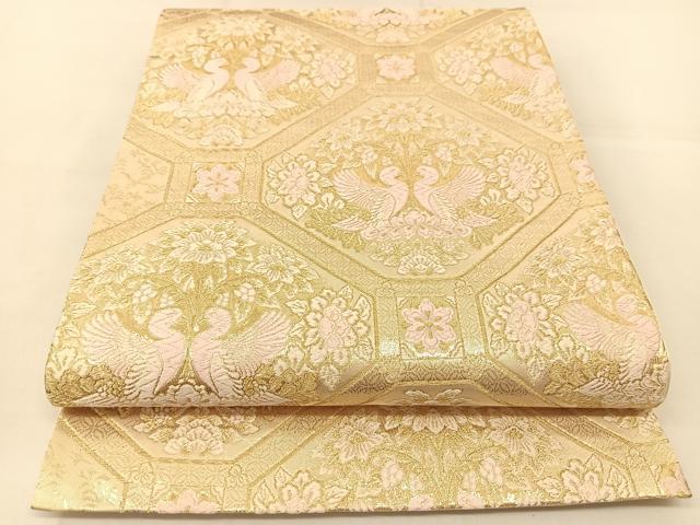 平和屋着物◎六通柄袋帯 唐織 蜀江向かい鳥花文 金糸 やまと誂製 正絹 逸品 BAAU2059yc