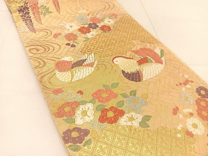 平和屋着物◎佐賀錦 六通柄袋帯 唐織 鴛鴦花文 金銀糸 正絹 逸品 BAAU2061yc