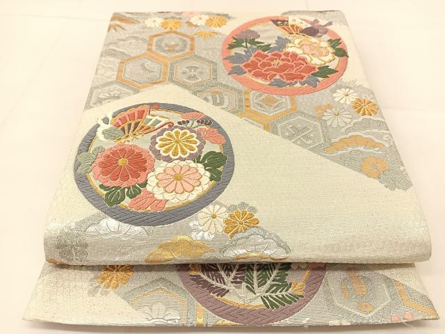 平和屋着物◎六通柄袋帯　唐織　吉祥花蝶丸文　金銀糸　正絹　逸品　BAAU2062yc