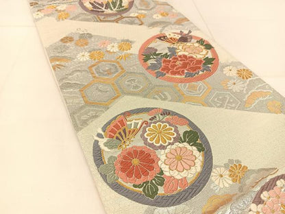 平和屋着物◎六通柄袋帯　唐織　吉祥花蝶丸文　金銀糸　正絹　逸品　BAAU2062yc