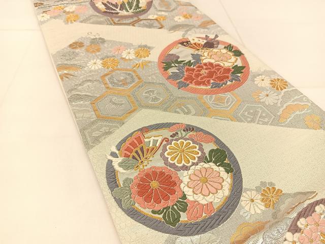 平和屋着物◎六通柄袋帯　唐織　吉祥花蝶丸文　金銀糸　正絹　逸品　BAAU2062yc