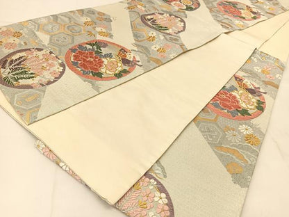 平和屋着物◎六通柄袋帯　唐織　吉祥花蝶丸文　金銀糸　正絹　逸品　BAAU2062yc