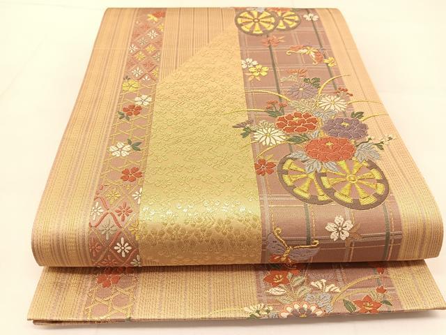 平和屋着物◎六通柄袋帯 唐織 舞蝶花車文 金糸 正絹 逸品 BAAU2063yc