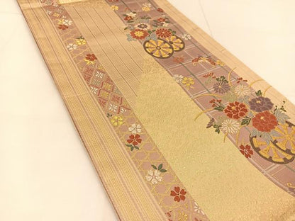 平和屋着物◎六通柄袋帯 唐織 舞蝶花車文 金糸 正絹 逸品 BAAU2063yc