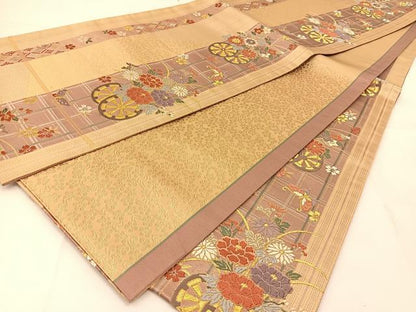 平和屋着物◎六通柄袋帯 唐織 舞蝶花車文 金糸 正絹 逸品 BAAU2063yc