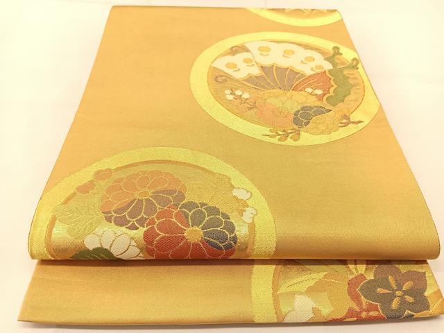平和屋着物◎六通柄袋帯 花蝶丸文 金糸 引箔 正絹 逸品 BAAU2064yc