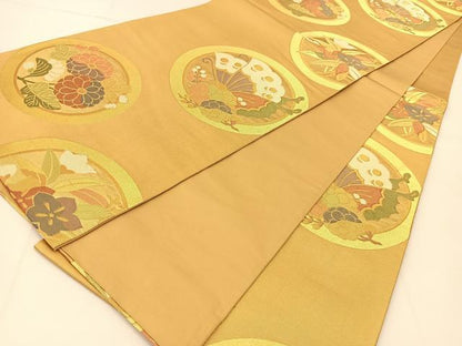 平和屋着物◎六通柄袋帯 花蝶丸文 金糸 引箔 正絹 逸品 BAAU2064yc