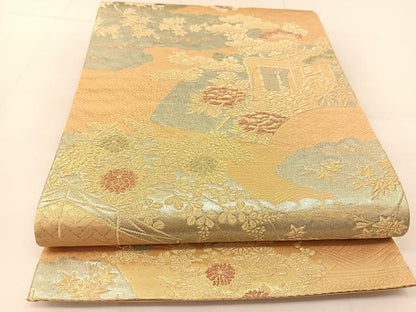 平和屋着物◎六通柄袋帯 地紙御所車花文 金糸 正絹 逸品 BAAU2070yc