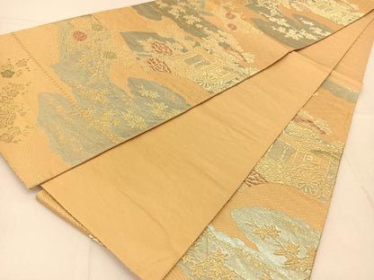 平和屋着物◎六通柄袋帯 地紙御所車花文 金糸 正絹 逸品 BAAU2070yc