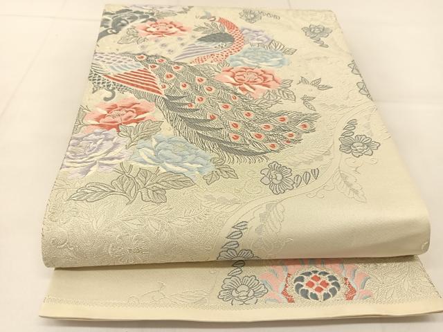 平和屋着物◎六通柄袋帯 唐織 孔雀花文 銀糸 正絹 逸品 BAAU2071yc
