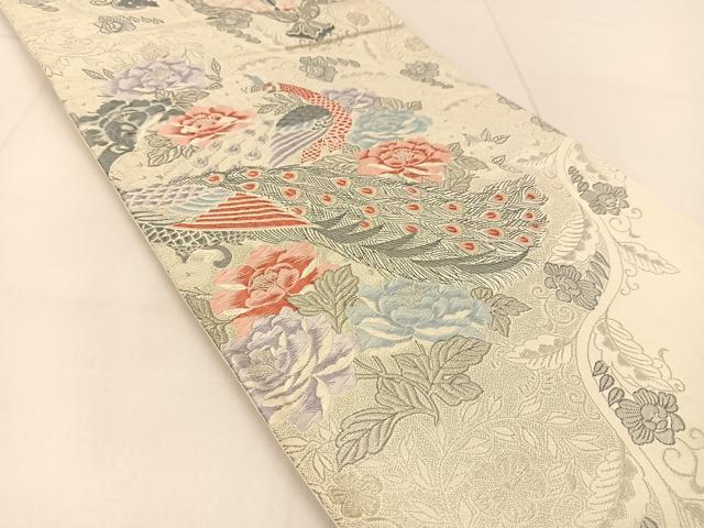 平和屋着物◎六通柄袋帯 唐織 孔雀花文 銀糸 正絹 逸品 BAAU2071yc