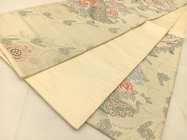平和屋着物◎六通柄袋帯 唐織 孔雀花文 銀糸 正絹 逸品 BAAU2071yc
