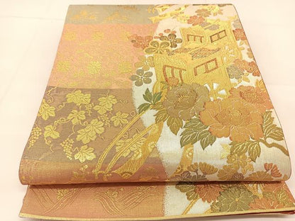 平和屋着物◎六通柄袋帯 御所車花文 金銀糸 正絹 逸品 BAAU2081yc