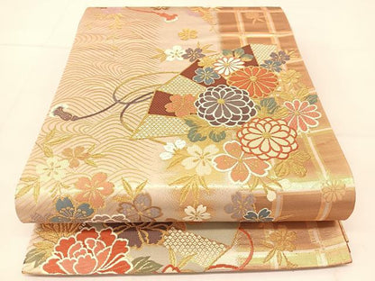 平和屋着物◎六通柄袋帯 唐織 立波飾花文 金糸 正絹 逸品 BAAU2083yc