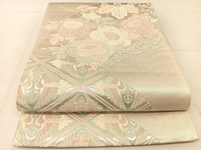平和屋着物◎六通柄袋帯 唐織 双鶴花文 銀糸 正絹 逸品 BAAU2109yc