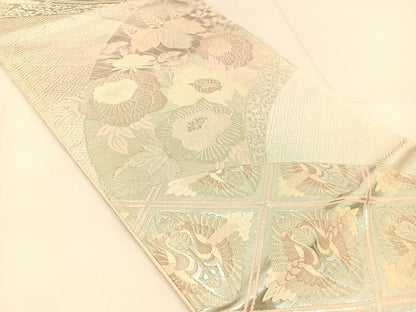 平和屋着物◎六通柄袋帯 唐織 双鶴花文 銀糸 正絹 逸品 BAAU2109yc