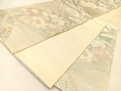平和屋着物◎六通柄袋帯 唐織 双鶴花文 銀糸 正絹 逸品 BAAU2109yc