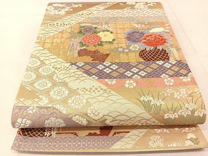 平和屋着物◎六通柄袋帯 唐織 飾花文 金銀糸 正絹 逸品 BAAU2114yc
