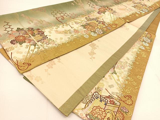 平和屋着物◎六通柄袋帯　唐織　御所車花文　金糸　正絹　逸品　BAAU2120yc