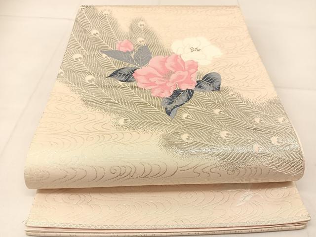 平和屋着物◎西陣　六通柄袋帯　唐織　錦プラチナ箔　孔雀羽花文　正絹　逸品　BAAU2158yc