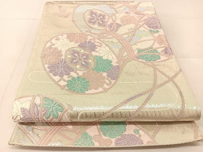 平和屋着物◎佐賀錦　六通柄袋帯　唐織　鼓花文　銀糸　正絹　逸品　BAAU2189yc