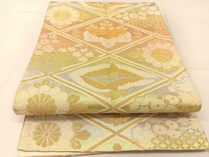 平和屋着物◎六通柄袋帯　唐織　菱天井花鳥文　金銀糸　正絹　逸品　BAAU2233yc