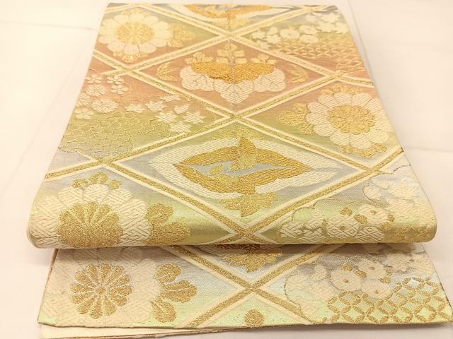 平和屋着物◎六通柄袋帯　唐織　菱天井花鳥文　金銀糸　正絹　逸品　BAAU2233yc