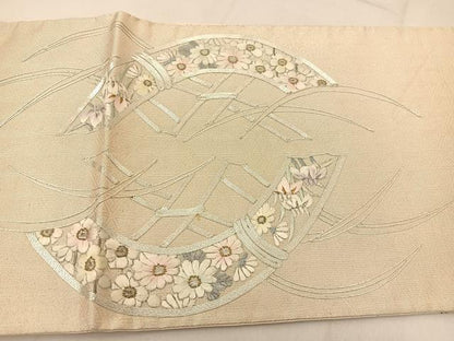 平和屋着物◎太鼓柄袋帯　総刺繍　駒刺繍　竹垣花文　金銀糸　正絹　逸品　BAAU2234yc