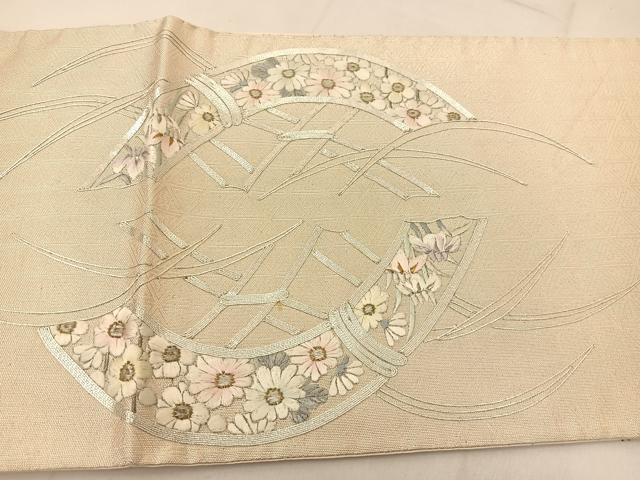 平和屋着物◎太鼓柄袋帯　総刺繍　駒刺繍　竹垣花文　金銀糸　正絹　逸品　BAAU2234yc