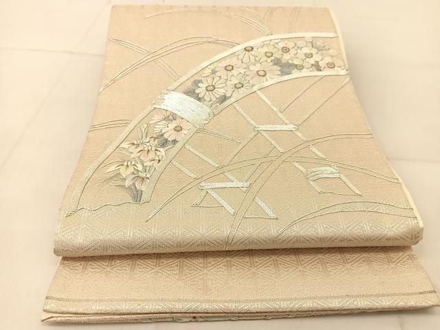 平和屋着物◎太鼓柄袋帯　総刺繍　駒刺繍　竹垣花文　金銀糸　正絹　逸品　BAAU2234yc