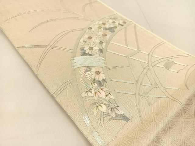 平和屋着物◎太鼓柄袋帯　総刺繍　駒刺繍　竹垣花文　金銀糸　正絹　逸品　BAAU2234yc
