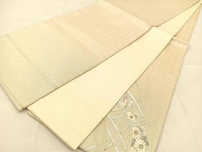 平和屋着物◎太鼓柄袋帯　総刺繍　駒刺繍　竹垣花文　金銀糸　正絹　逸品　BAAU2234yc