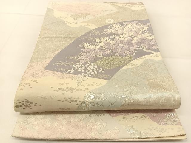 平和屋着物◎六通柄袋帯　唐織　地紙風景花文　銀糸　正絹　逸品　BAAU2239yc