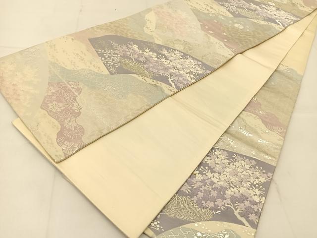 平和屋着物◎六通柄袋帯　唐織　地紙風景花文　銀糸　正絹　逸品　BAAU2239yc