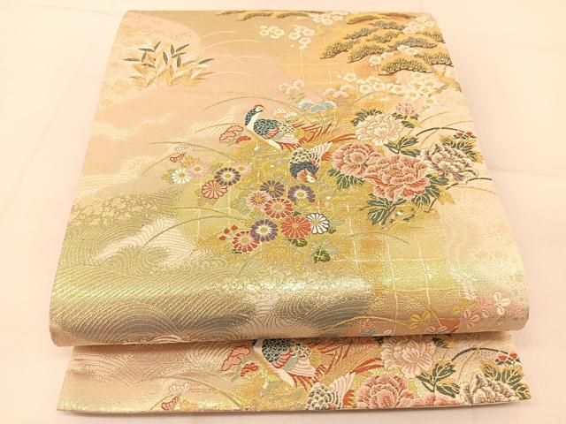 平和屋着物◎六通柄袋帯　唐織　休み鳥風景文　金糸　正絹　逸品　BAAU2252yc